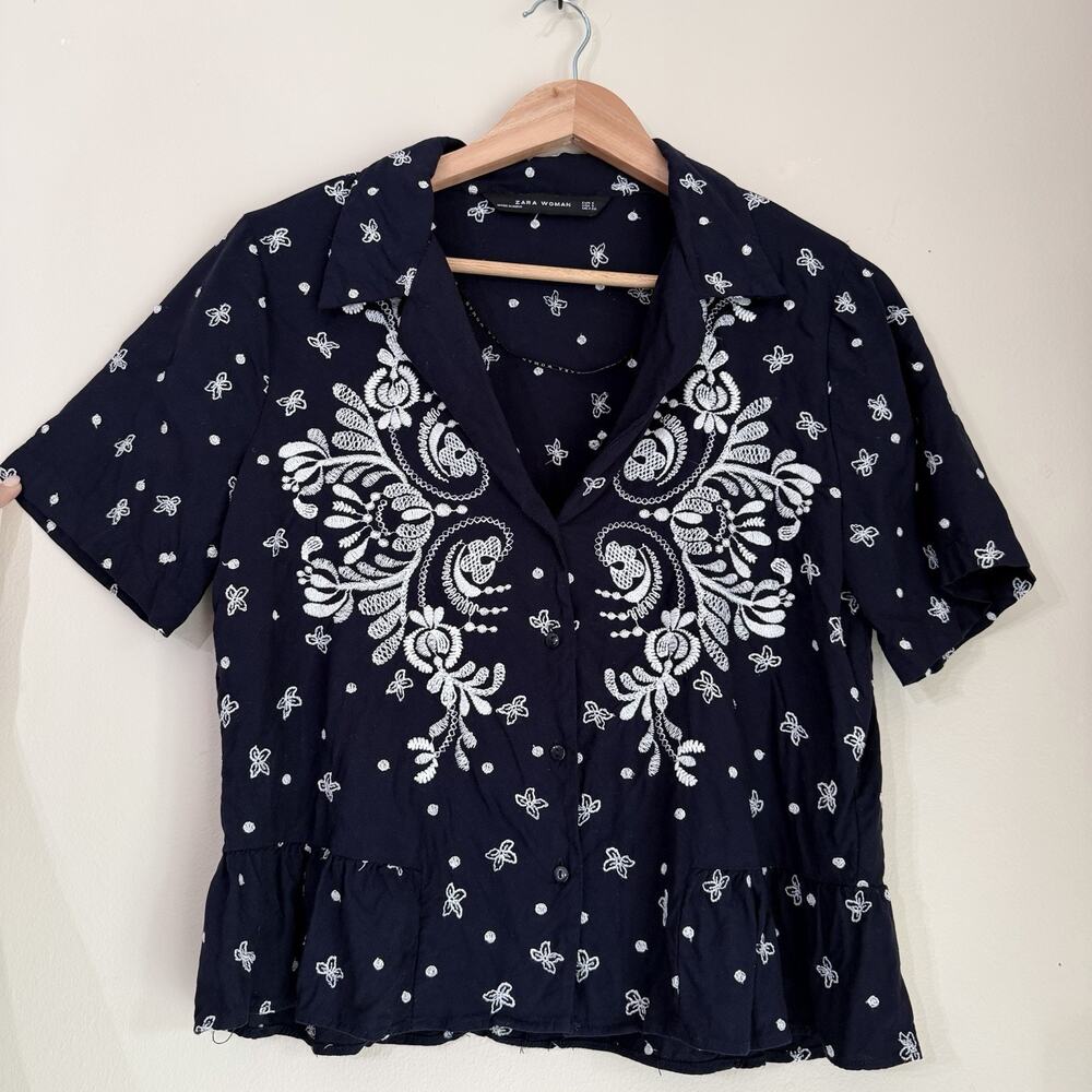 Zara Woman Embroidered Blouse Womens Small Navy White Boho Peplum Button Front